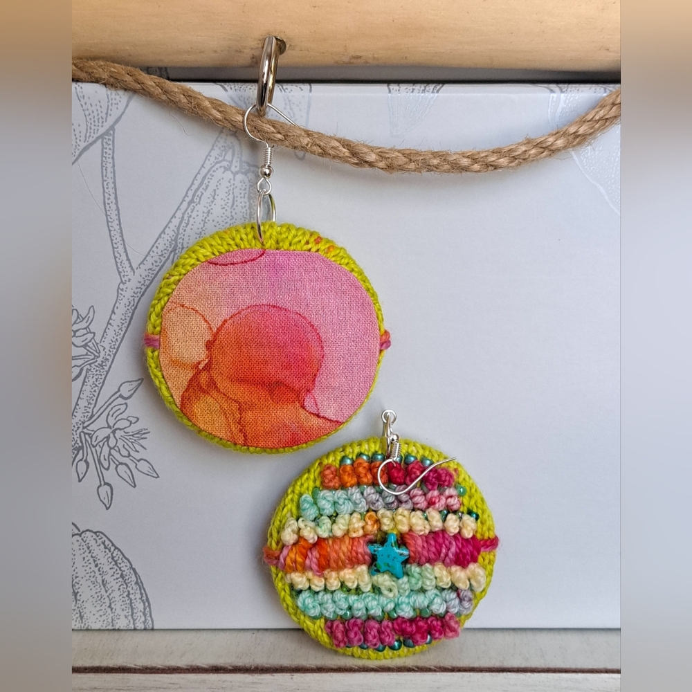 Hand Crafted Multicolor Crochet Round Earrings with Teal Star Accent - Picture 9 of 16